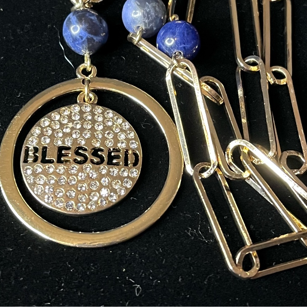 ‘Blessed’ Gold Tone Paper Clip Statement Necklace with Blue Beading - Picture 4 of 7